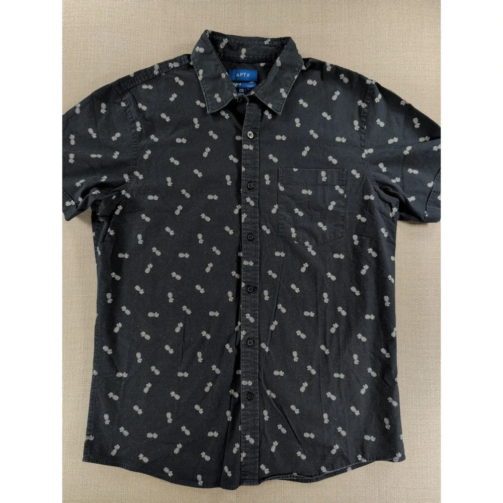 APT 9 Slim Fit Pineapple Button Up Shirt Mens M Gray Short Sleeve Stretch
